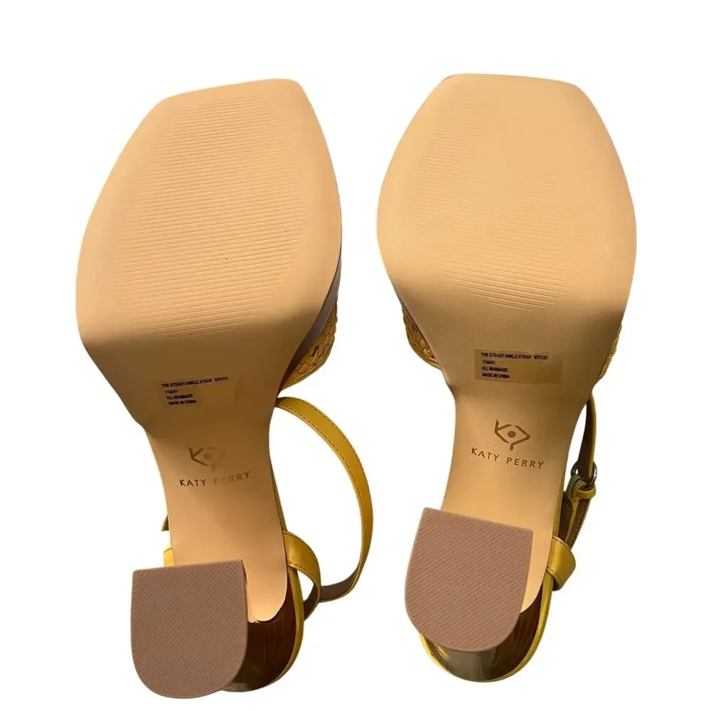 Katy Perry Platform Block Heels Woven Steady Ankle Strap Sandals Yellow 11 M New - Picture 5 of 7